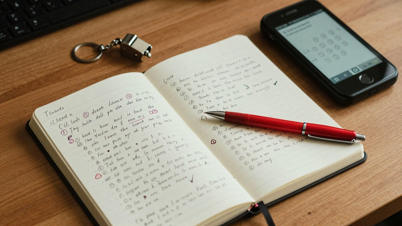 A handwritten client logbook with safety symbols and a safety whistle beside it on a wooden desk.