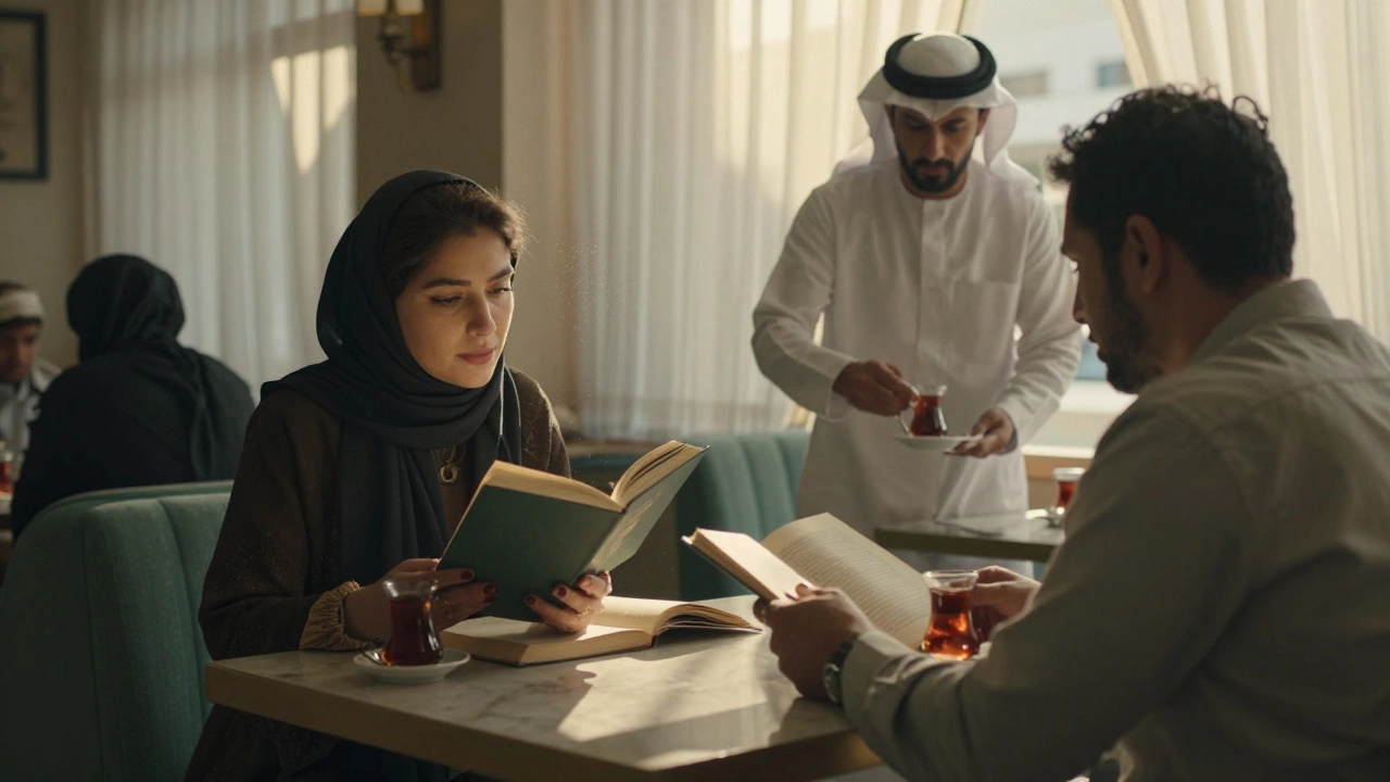 A Russian woman reads poetry to a client in a Dubai café, with an Emirati man serving tea in the background.