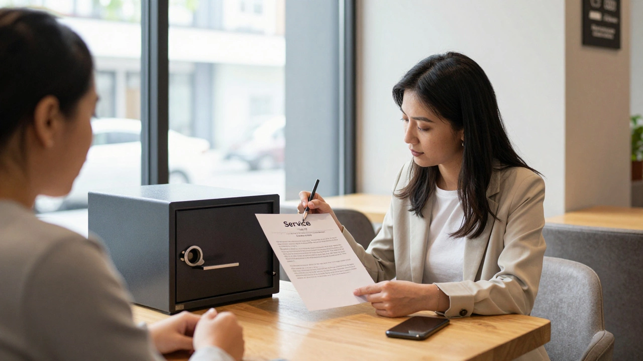 A woman and client reviewing a service agreement in a well-lit café, emphasizing consent and safety.