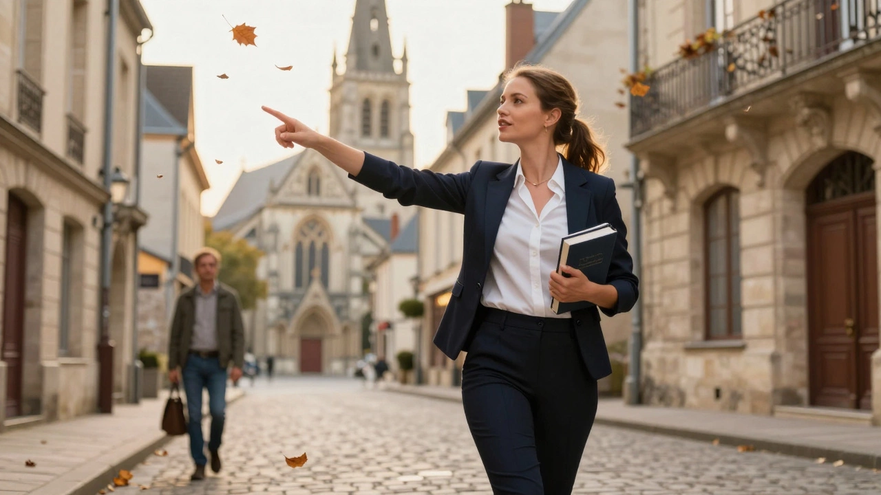 A woman walking through Rouen&#039;s Old Town with a client, pointing to historic architecture under golden hour light.