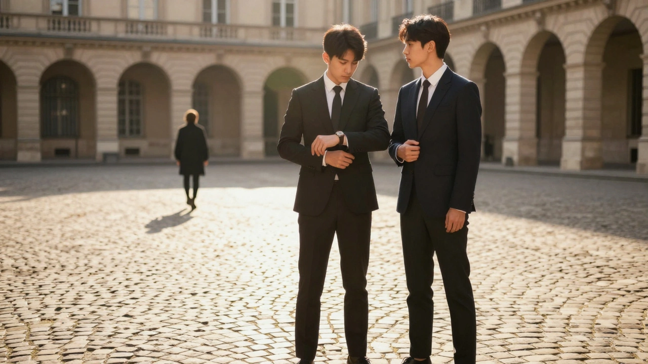 Two professional escort pairs standing calmly in a Paris courtyard, alert yet composed at golden hour.